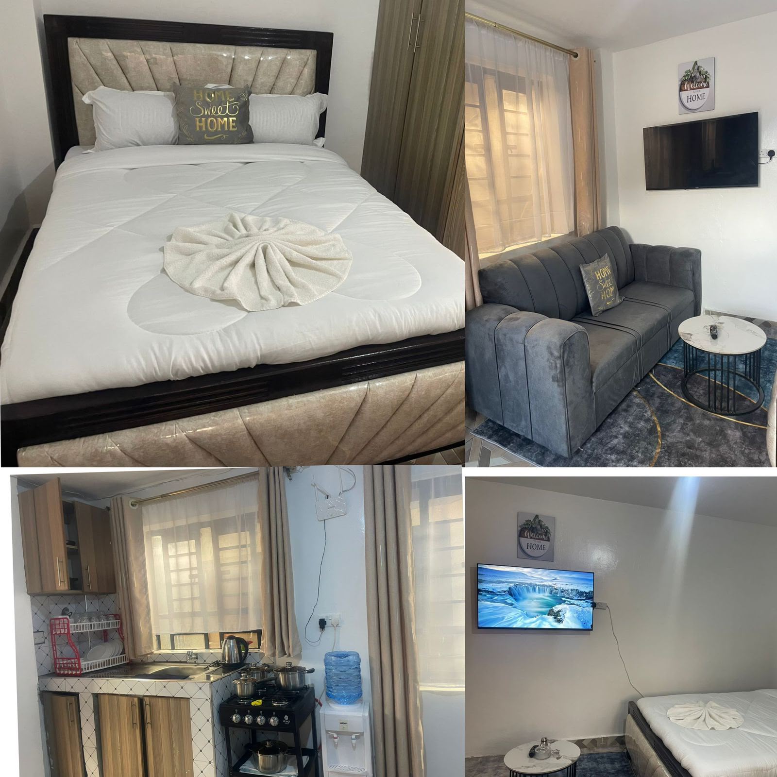 Studio bnb in Ongata Rongai showing bed, grey sofa, kitchenette and smart TV