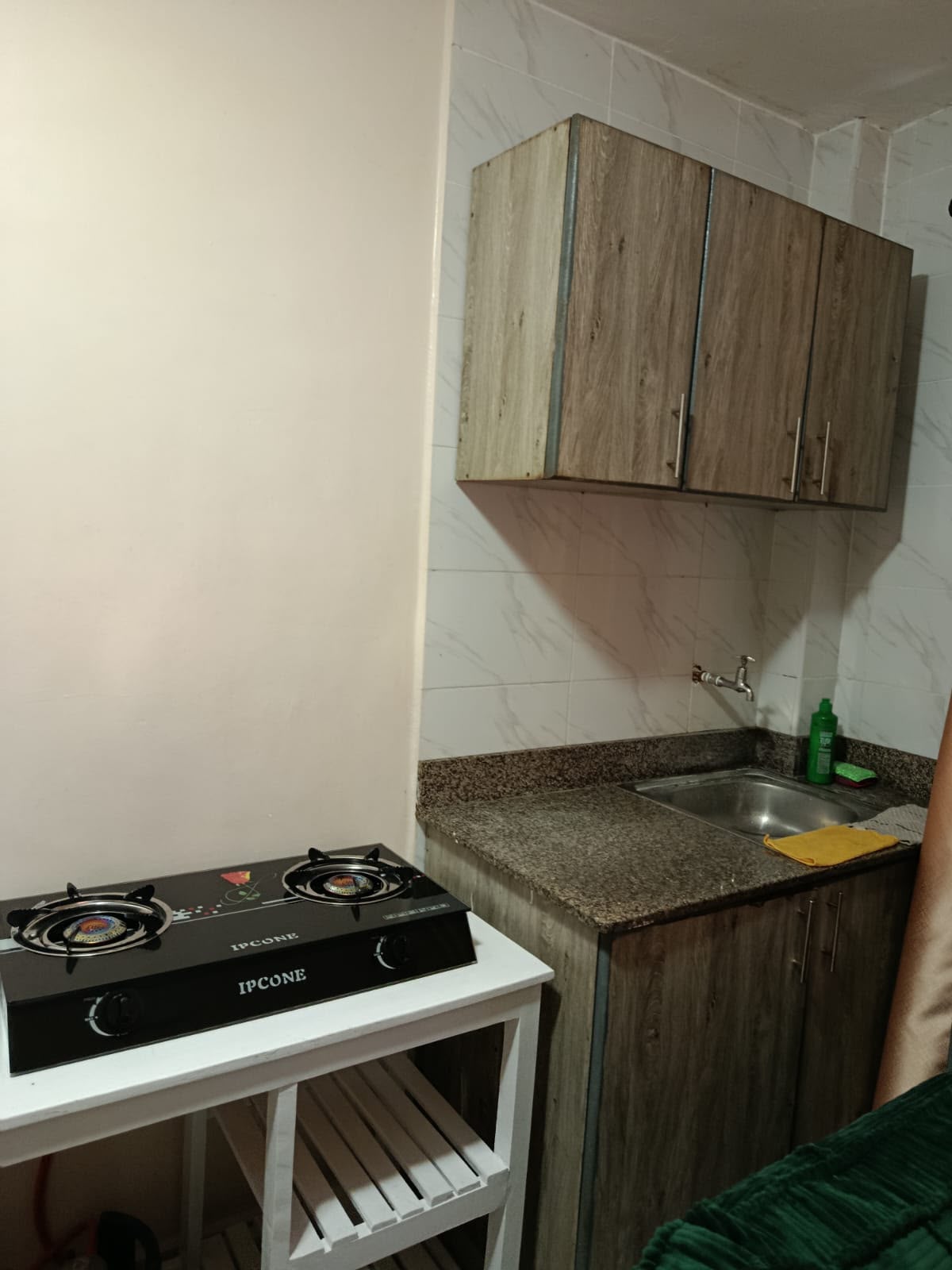 Kitchenette with gas cooker, sink and cabinets